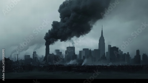 Industrial area with chimneys releasing dark smoke under a gray sky in a city environment. Generative AI photo