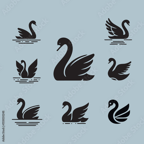Swans Silhouette Isolated set of swan silhouette vector icon. Sets of Swan Bird Animal Wallpaper Vector Silhouette