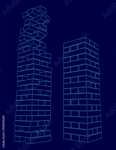 Two tall buildings made of blocks are shown in blue. The buildings are stacked on top of each other, with the top one being taller than the bottom one. The image has a futuristic and modern feel to it