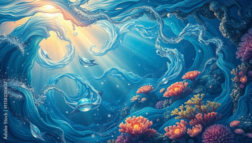 dreamlike underwater scene with iridescent treasures dreamlike underwater scene with iridescent treasures