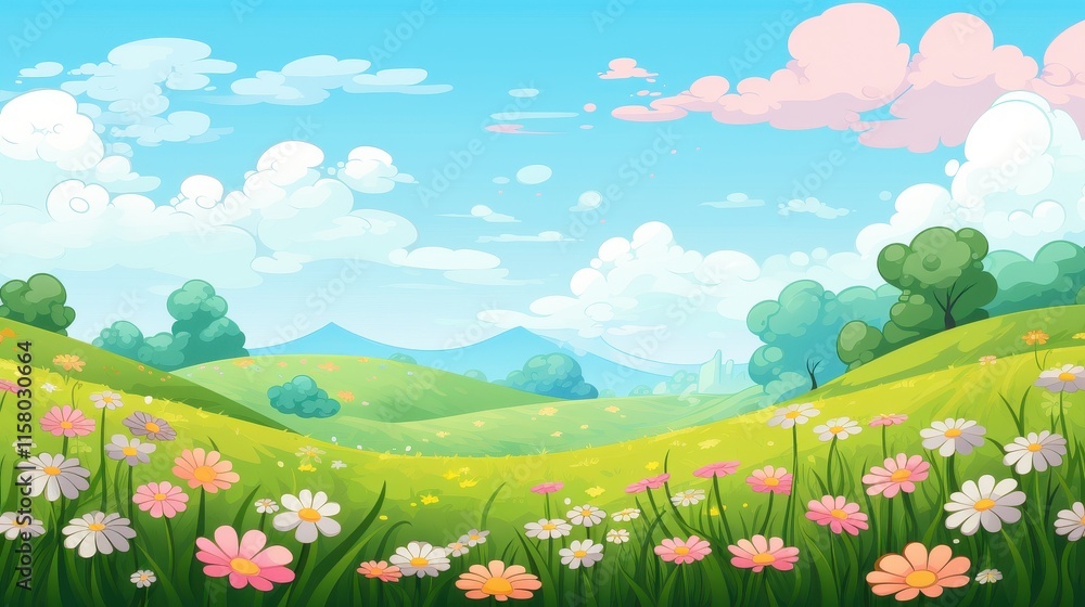 Fototapeta premium Sunny Day Rolling Hills Landscape With Blooming Flowers