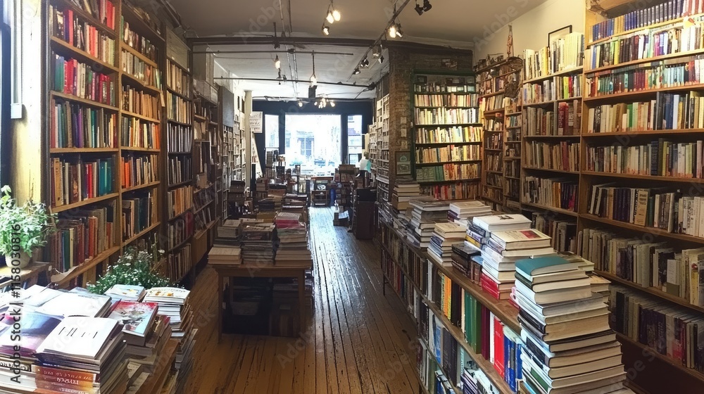 Cozy Bookstore Interior with Shelves Full of Books and Wooden Floor Cozy Bookstore Interior with Shelves Full of Books and Wooden Floor