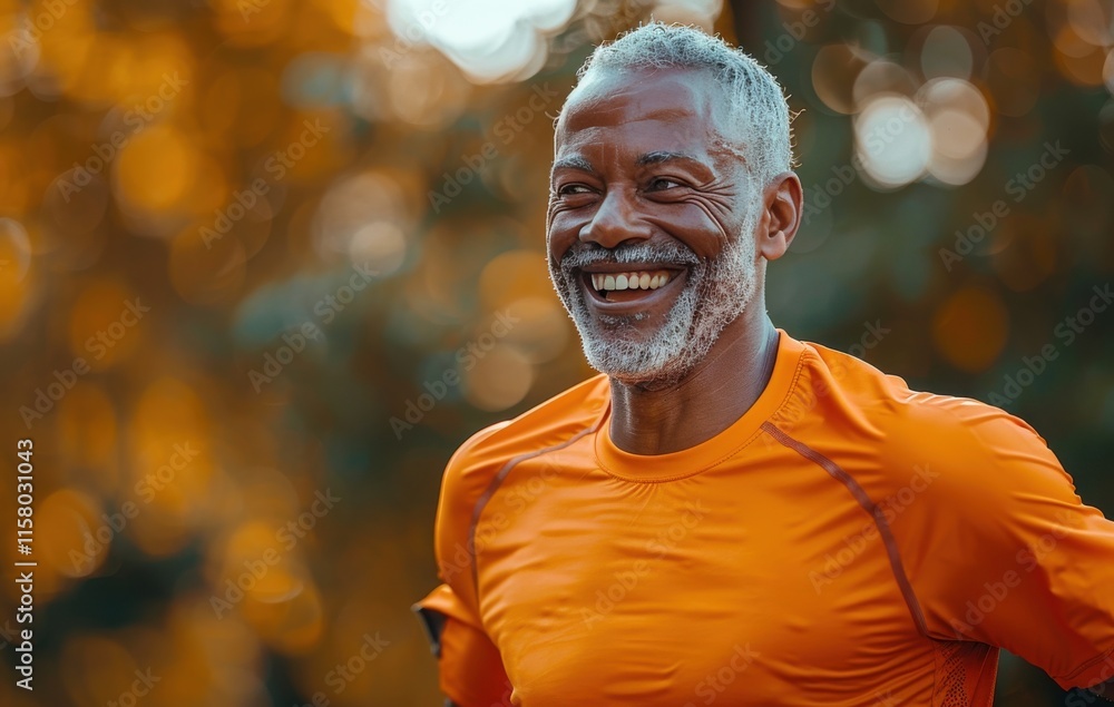 elderly Black man in athletic attire, smiling and running outdoors with trees in the background elderly Black man in athletic attire, smiling and running outdoors with trees in the background