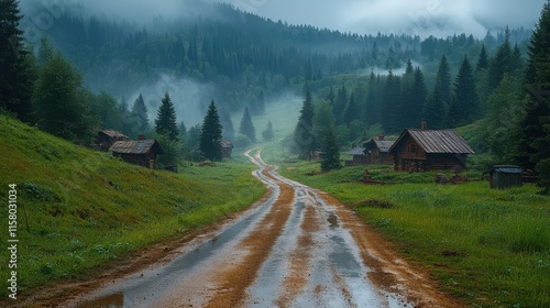 the wet village road in mountains verkhovyna carpathians ukraine photo