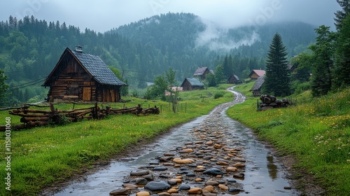 the wet village road in mountains verkhovyna carpathians ukraine photo