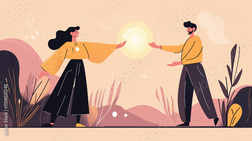 Minimalist Flat-Style Illustrations of Two Sorcerers Interacting with Magic in Neutral Tones
