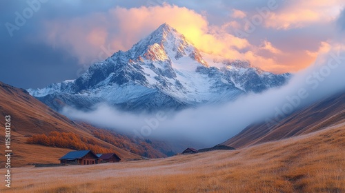 thick fog cloud over stepantsminda kazbegi village against brown mountain georgia scenic autumn landscape at sunset light