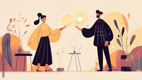 Minimalist Flat-Style Illustrations of Two Sorcerers Interacting with Magic in Neutral Tones