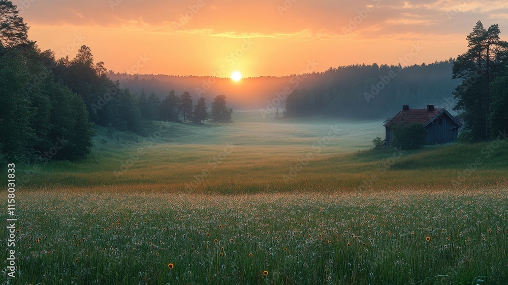 Fototapeta premium very early morning dew on grass close up photo very hazy air just above forest and grass field red orange sky no clouds stocksjo village close to umea city vasterbotten county sweden