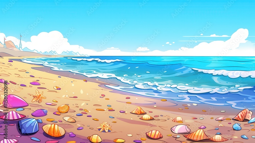 Sandy Beach Seashells Ocean Waves Sunny Day Sandy Beach Seashells Ocean Waves Sunny Day
