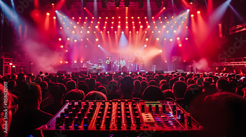 large concert venue with red lights illuminating the stage viewed from soundboard with packed crowd enjoying live music performance and vibrant atmosphere
