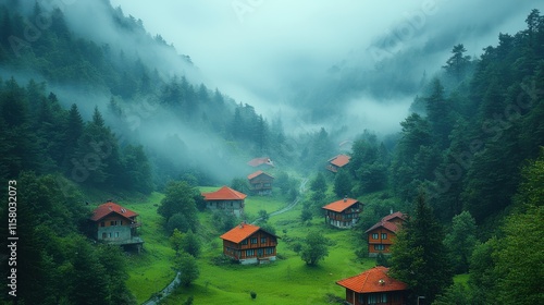 view of high plateau houses mountains valleys and forest in fog creating beautiful nature scene the image is captured in trabzon rize area of black sea region located at northeast of turkey