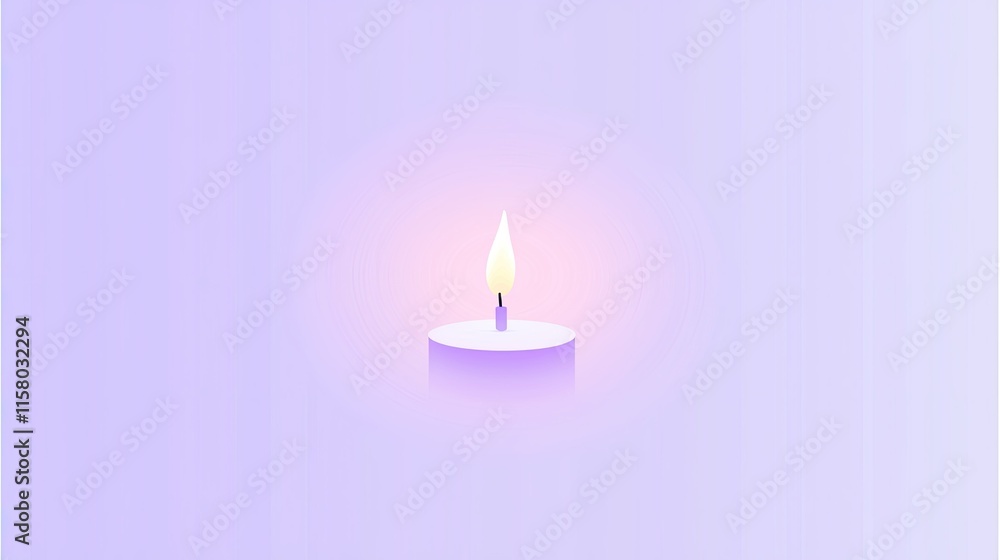Single purple candle with a small flame against a light purple background. Single purple candle with a small flame against a light purple background.