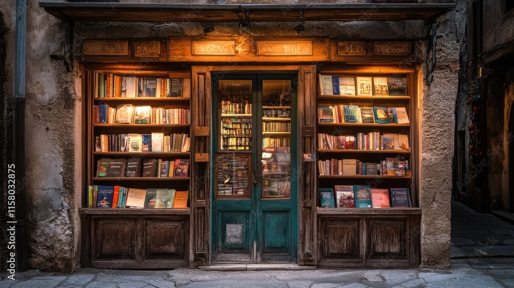 Charming Bookstore Facade with Warm Lighting and Wooden Details Charming Bookstore Facade with Warm Lighting and Wooden Details