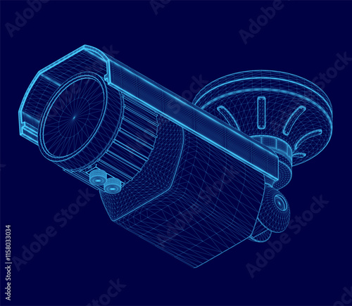 Blue drawing of a security camera. The camera is in the middle of the image and is surrounded by a blue border