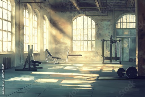 This gym scene captures a serene space for strength training, perfectly suited for winter weight loss goals. Sunlight streams in, creating an inviting atmosphere for workouts.