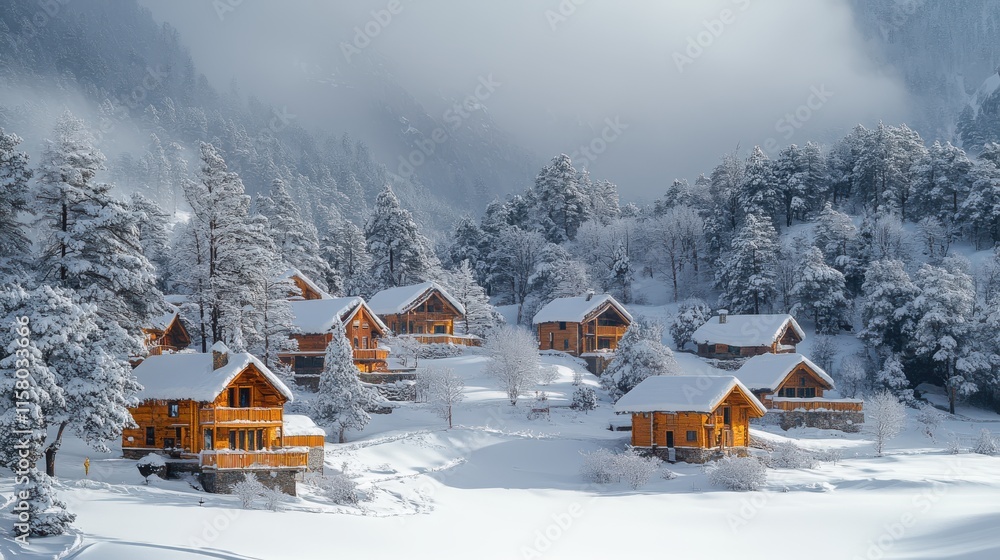 Naklejka premium winter and fog in the mountains villages