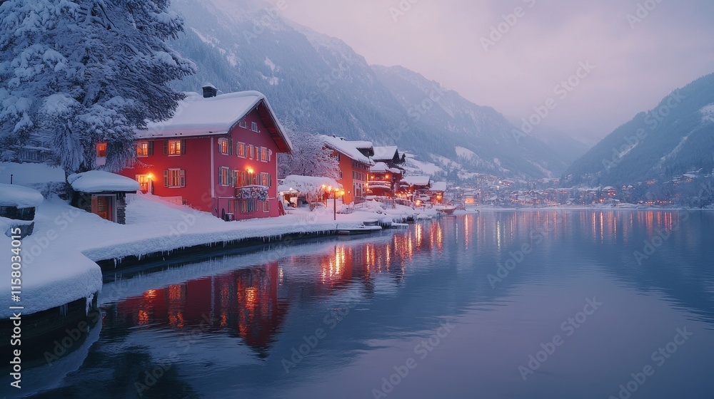 Fototapeta premium zell am see in winter evening view of lake zell town mountains and snow with reflections in water alpine town at purple dusk famous ski resort in alps austria winter wonderland for travel