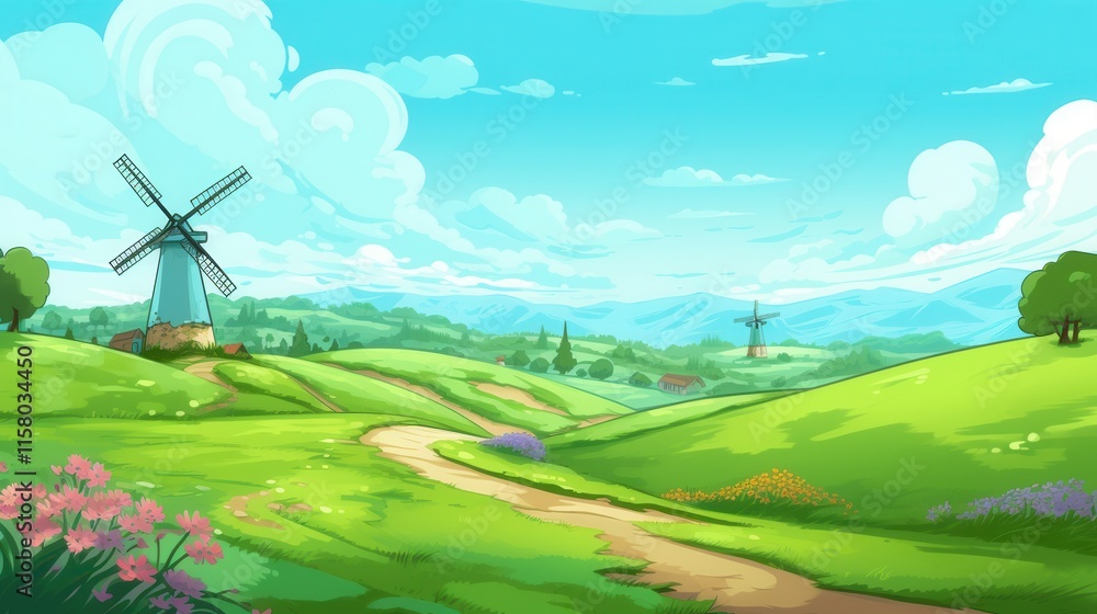 Obraz premium Idyllic Rural Landscape Featuring Windmills and Rolling Green Hills