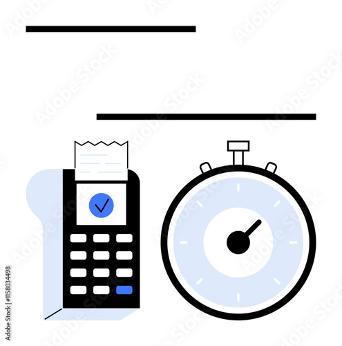 Payment terminal with receipt and blue check mark next to a stopwatch. Ideal for finance, efficiency, commerce, payment processing, time management, quick service, retail. Line metaphor