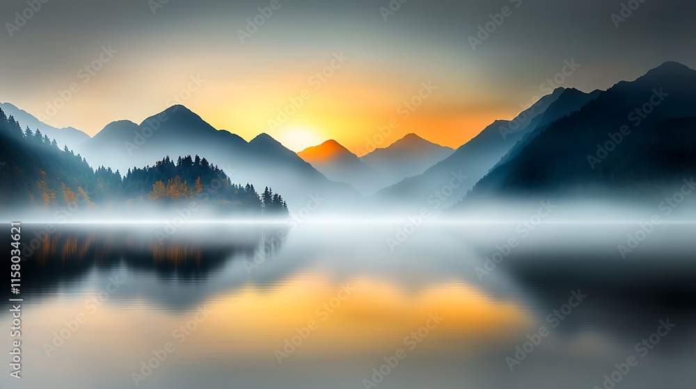 A tranquil scene of a calm lake at sunrise, with mist rising from the water’s surface and the surrounding mountains reflecting in the stillness of the lake. The soft colors of the early morning 