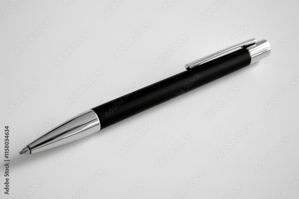A stylish ballpoint pen with a silver body and black grip rests on a white background A stylish ballpoint pen with a silver body and black grip rests on a white background