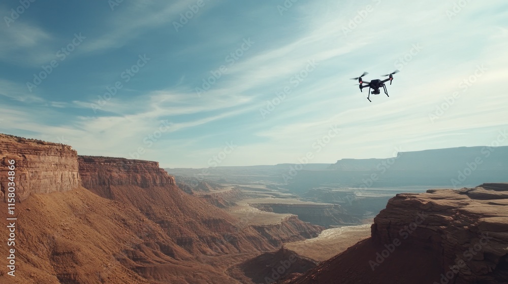Fototapeta premium Drone flying over a vast canyon landscape.