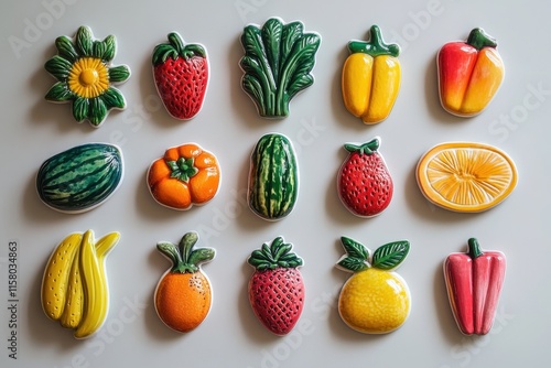 A variety of fridge magnets shaped like fruits and vegetables