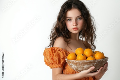 A vertical image of a girl in an orange dress holding a bowl of yellow loquats against a white backdrop photo