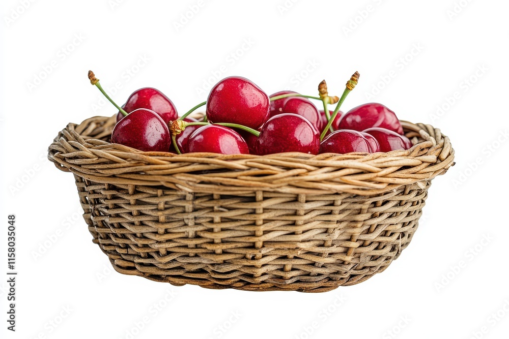 A wicker basket containing red sweet cherries set against a white background with full depth of field A wicker basket containing red sweet cherries set against a white background with full depth of field