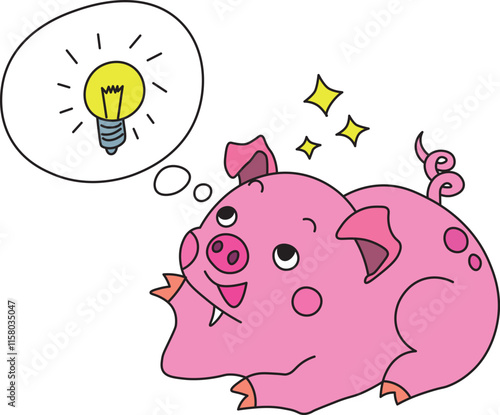 a cute pink pig is lying down and an idea came to him, lightbulb icon and sparks around pig