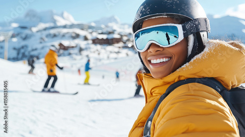 Black woman snowboarding with helmet and goggles at slope snow mountain