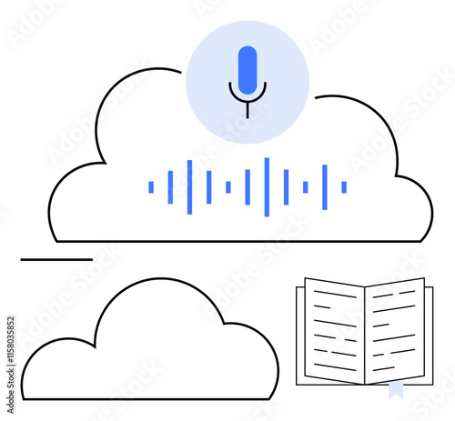 Cloud outline containing microphone and audio waveform, another cloud with an open book. Ideal for cloud storage, voice recognition, digital documentation, data synchronization, education technology