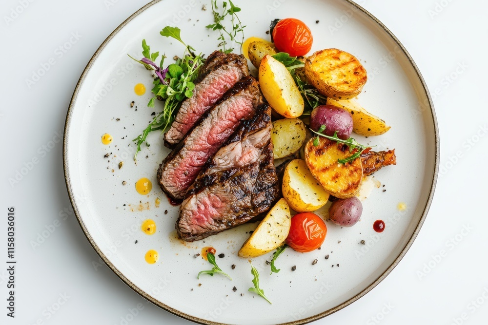 Aerial view of tasty grilled steak and rustic potato wedges with vegetable salad on a plate against a white backdrop Aerial view of tasty grilled steak and rustic potato wedges with vegetable salad on a plate against a white backdrop