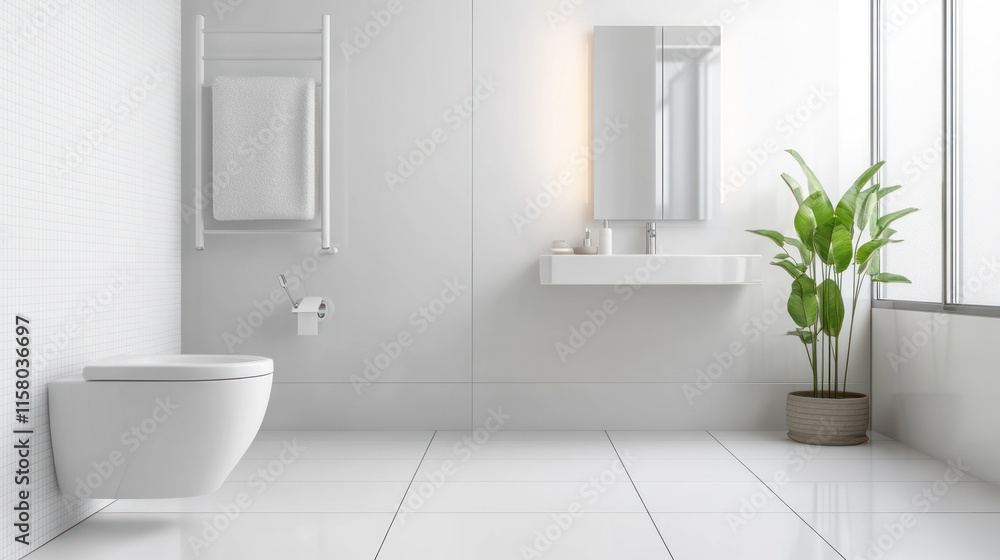 Fototapeta premium Minimalist contemporary toilet with natural light and white accents