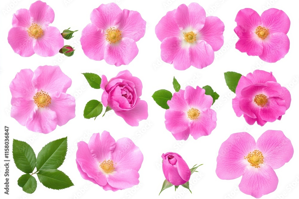 Arrangement of vibrant pink wild rose flowers buds and leaves on a white background isolated for a colorful floral design from above Arrangement of vibrant pink wild rose flowers buds and leaves on a white background isolated for a colorful floral design from above