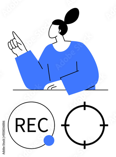 Person pointing upward while wearing a blue sweater. Below, recording indicator and focus target icons. Ideal for presentations, tutorials, webinars, video creation, instructional content, media