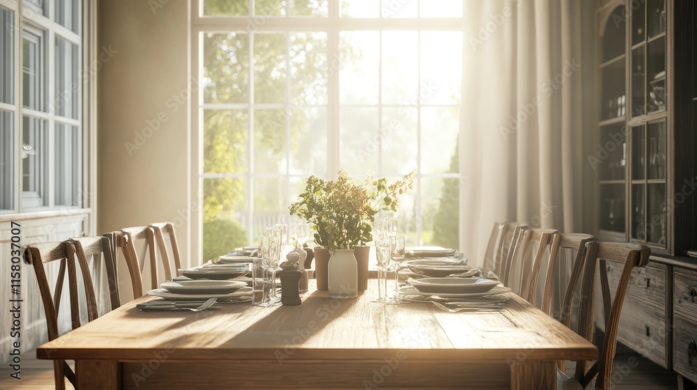 Obraz premium Sunlit dining room with table set for a meal.