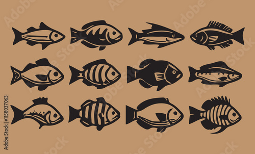 Set of Fish simple icons vector design Different type of Fish silhouette vector illustration Silhouette fish vector collection design