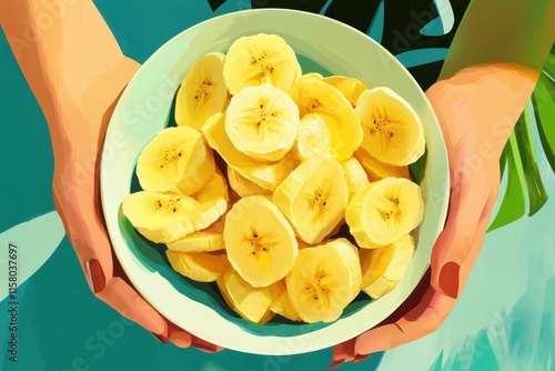 Banana salad scene Bowl of banana slices Woman s hand grasping fruit Finger eating fruit Banana for breakfast photo