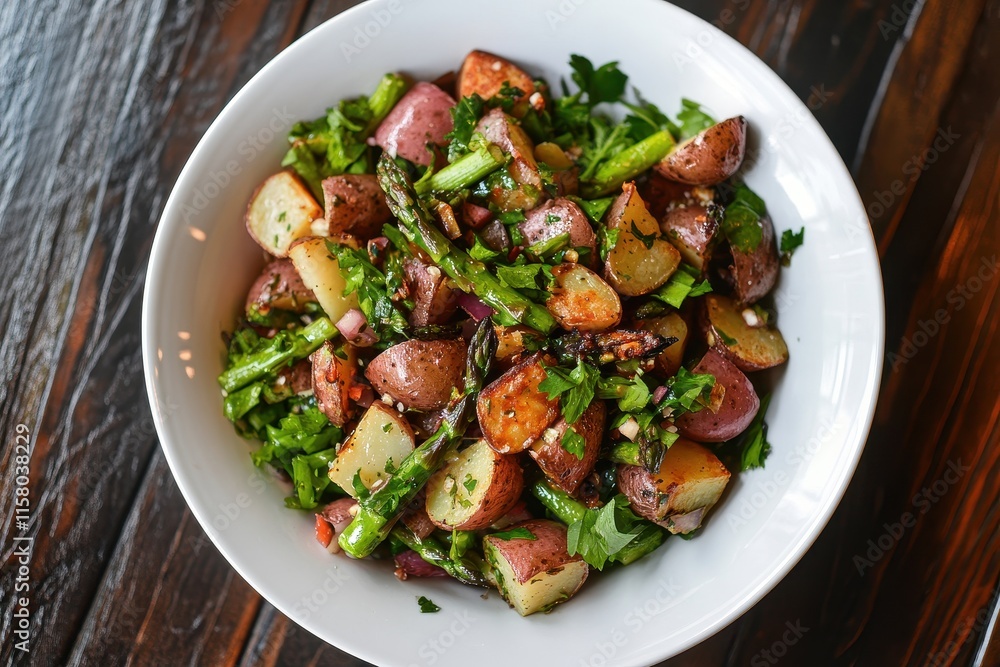 Bird s eye view of potato asparagus salad on a white dish Bird s eye view of potato asparagus salad on a white dish