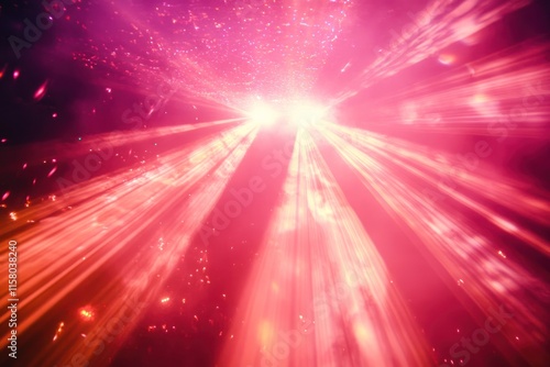 Bright pink and red light rays burst from center, dark background.