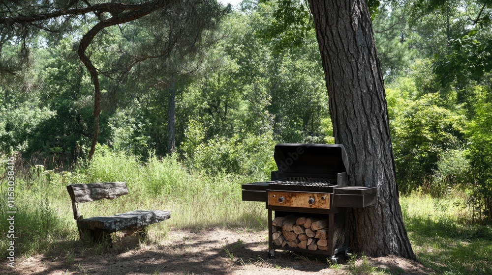 Cozy Backyard Barbecue Setup with Grill and Rustic Bench Cozy Backyard Barbecue Setup with Grill and Rustic Bench