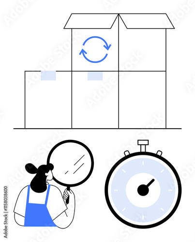 Stacked boxes stopwatch and person with magnifying glass. Ideal for logistics, shipping, delivery, efficiency, analysis, time management, supply chain. Line metaphor