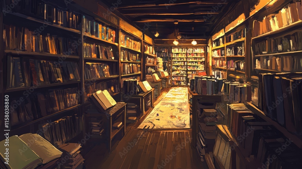 Fototapeta premium Cozy Library Interior with Bookshelves and Warm Lighting