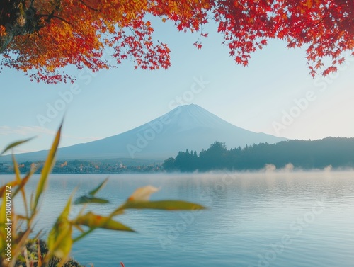 Colorful Autumn Season and Mountain Fuji with morning fog and red leaves at lake Kawaguchiko is one of the best places in Japan - ai photo