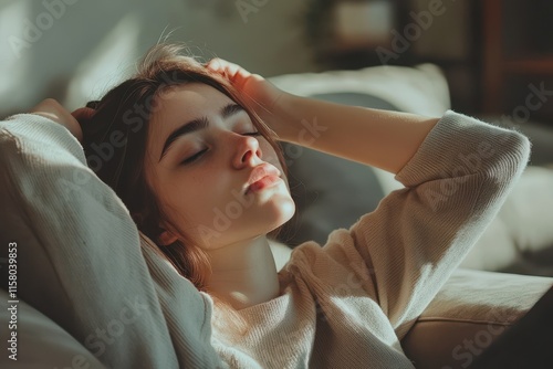 Calm and content young woman rests on a sofa feeling fatigued hands behind her head as she enjoys the fresh air in her cozy modern living room photo