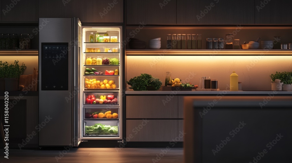 Modern kitchen with open refrigerator full of fresh produce at night. Modern kitchen with open refrigerator full of fresh produce at night.