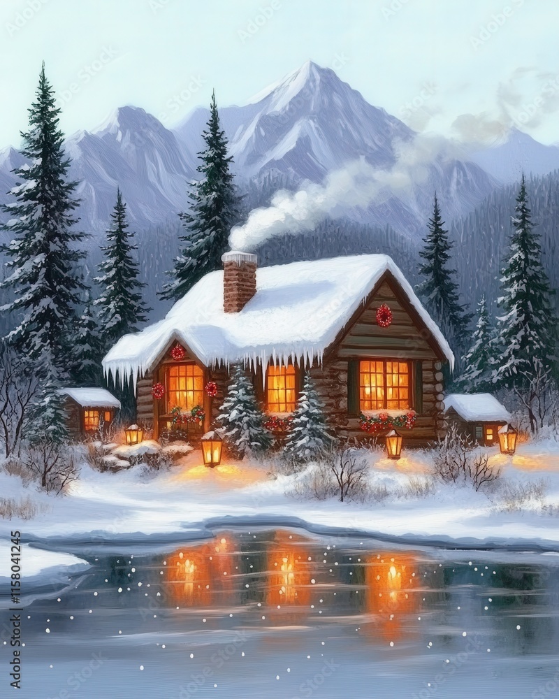 A cozy winter scene featuring a charming log cabin surrounded by snow-covered trees and mountains, with warm lights glowing from the windows and a serene pond reflecting the snowy landscape. A cozy winter scene featuring a charming log cabin surrounded by snow-covered trees and mountains, with warm lights glowing from the windows and a serene pond reflecting the snowy landscape.