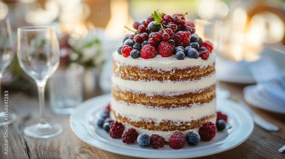 A beautifully presented layered cake, garnished with fresh berries and nuts, placed on a white plate. The cake is set on a rustic wooden table, accompanied by elegant glasses, creating a cozy Cake A beautifully presented layered cake, garnished with fresh berries and nuts, placed on a white plate. The cake is set on a rustic wooden table, accompanied by elegant glasses, creating a cozy Cake